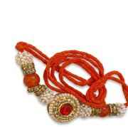 Kundan Work & Orange Mauli Thread Traditional Rakhi 