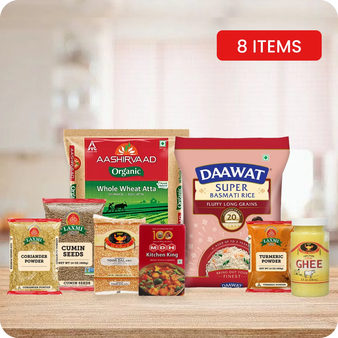Monthly Essentials Pack Atta Rice Dal Ghee Masala 8 Pack