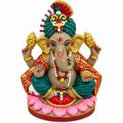 Hand Painted Clay Ganesh Idol With Lotus Base 8.5 Inch