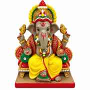 Hand Painted Clay Ganesh Idol With Ornate Lotus Base 8.5 Inch
