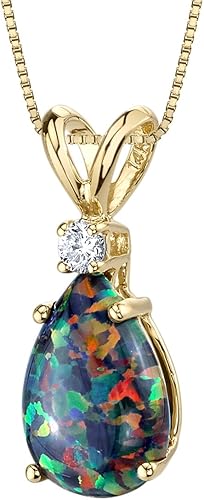 14K Yellow Gold  Black Opal with Genuine Diamond Pendant Elegant Teardrop Solitaire Pear Shape 10x7mm 1 Carat total October Birthstone Necklace Fire Opal Necklace