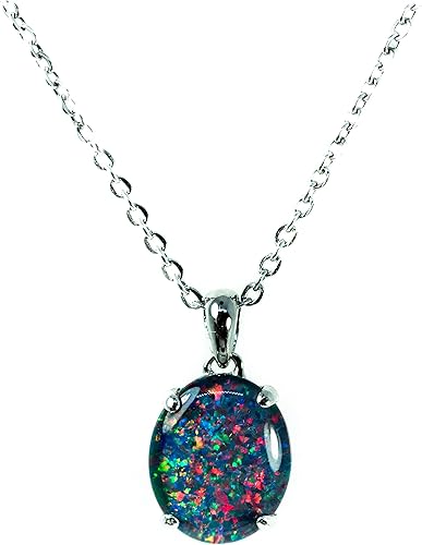 Australian Triplet Opal  Fire Opal  Genuine Australian Triplets Opal Necklace Pendant in Sterling Silver White Gold Plated Womens Jewelry