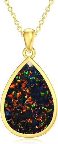 Black Opal Teardop Pendant Necklace Sterling Silver Dainty October Birthstone Vintage Jewelry Gift for Women