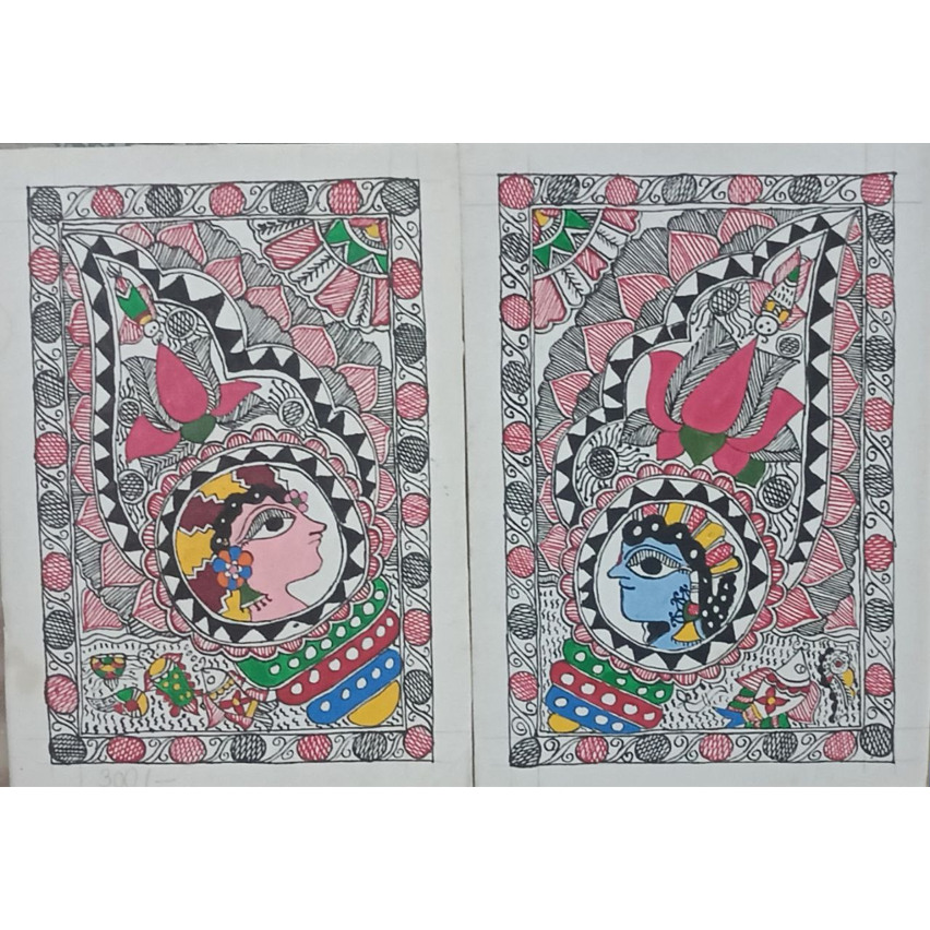 Paired Traditional RadhaKrishna Art Madhubani painting  ArtozOn
