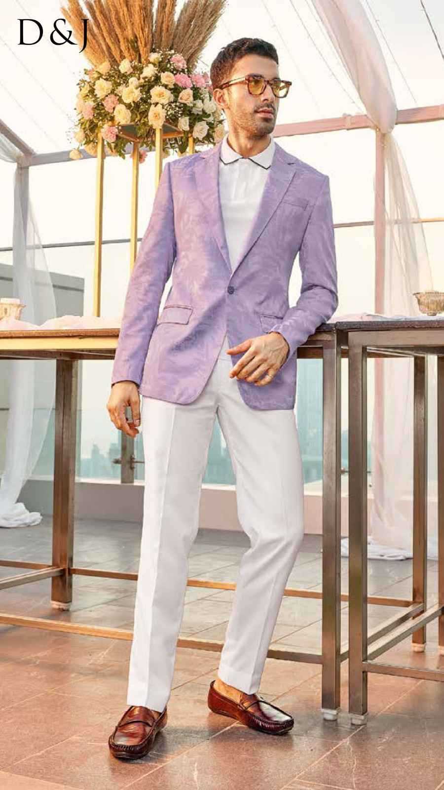 Lilac Jacquard Blazer Ensemble with Ivory Trousers